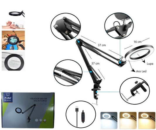 VELADOR LED ARTICULADA CON LUPA 3 TONOS